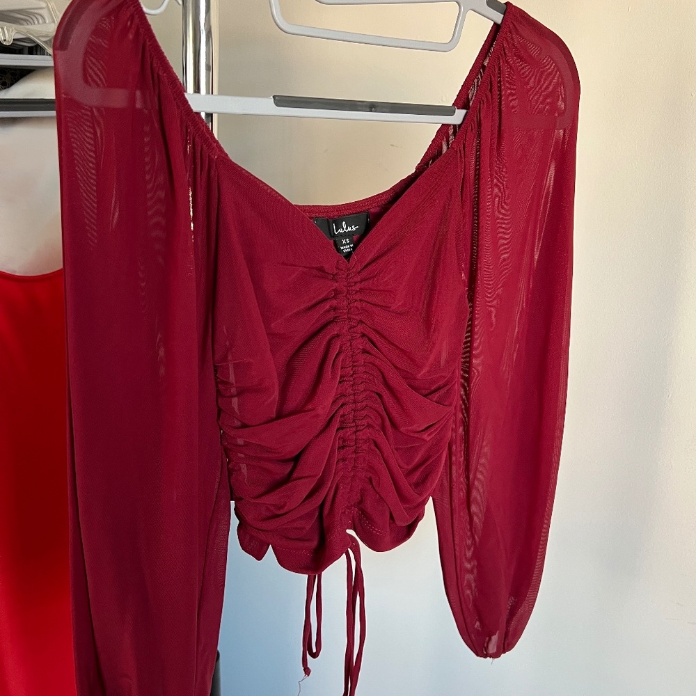 Sheer Long Sleeve Ruched Crop - Lulus